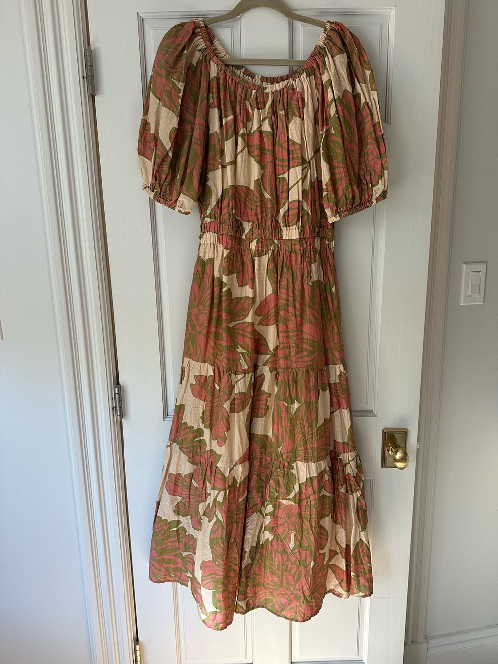 Velvet by Graham & Spencer Cream Maxi Dress with Olive and Rose Floral Print